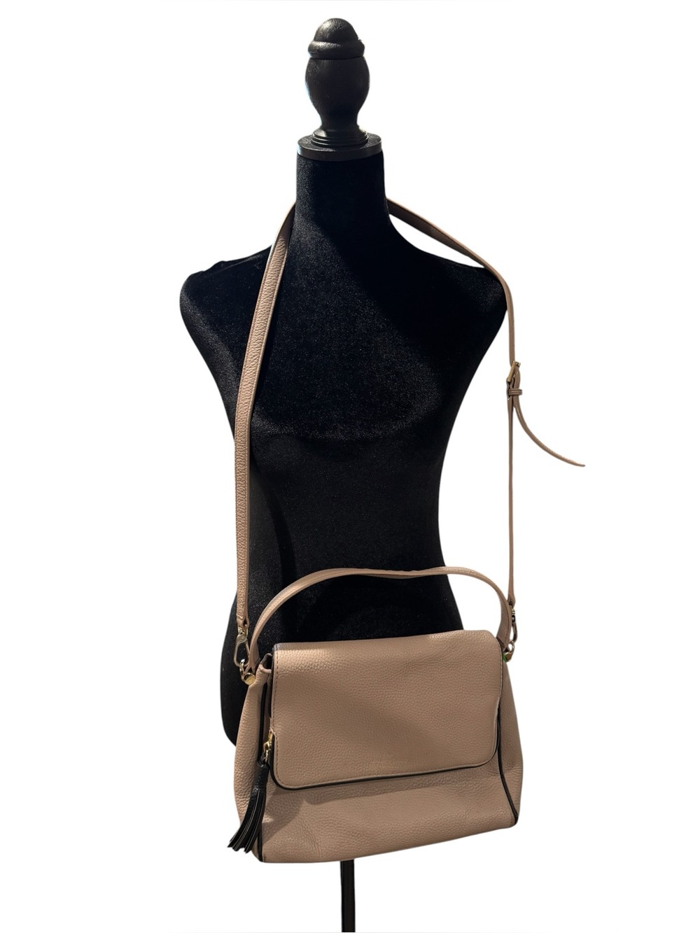 Kate Spade New York Pebbled Leather Crossbody Bag Taupe Tassel Flap Top Handle